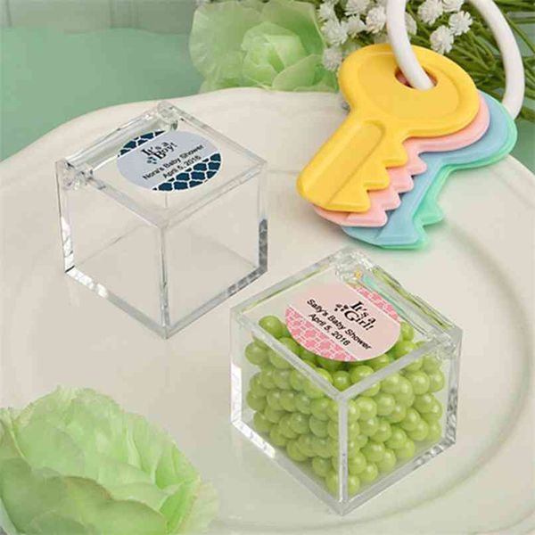 24 teile/los Klar DIY Hochzeit Geschenk Box Baby Dusche Gefälligkeiten Personalisierte Mini Transparent Kunststoff Candy Box mit Angepasst Etiketten 210925