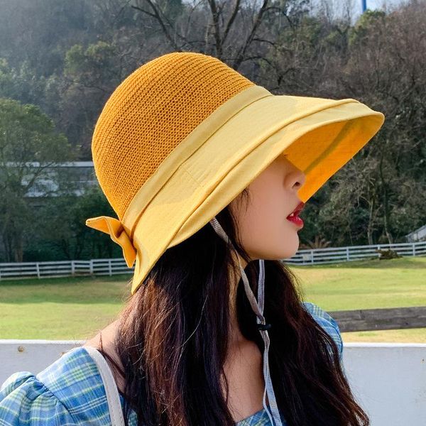 

split curling fisherman hat summer korean version with windproof rope bow breathable sunshade sunscreen women wide brim hats, Blue;gray