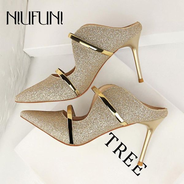 

slippers fashion nightclub females shoes stiletto high heels sequined cloth summer slides hollow pointed slip-on women's, Black