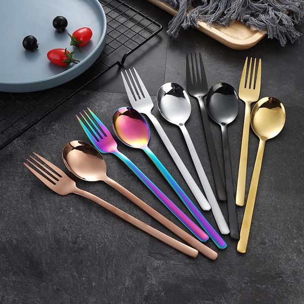 

dinnerware sets 2pcs/set silver cutlery stainless steel tableware set spoon fork korean creative western long handle mixing