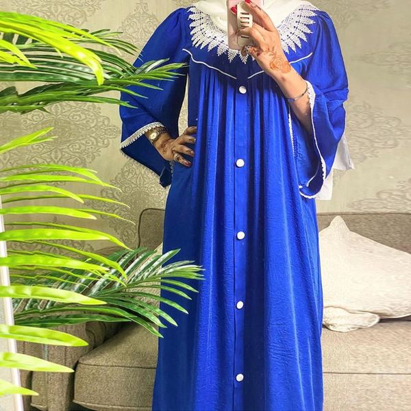 

crochet lace trim buttoned front maxi dress abaya women muslim loose casual jalabiya dubai turk royal blue gown islamic clothes ethnic cloth, Red