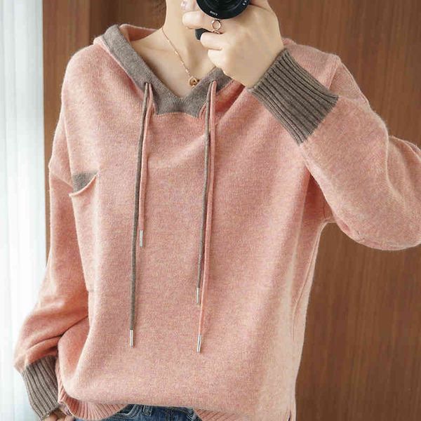 

2021 autumn and winter new hooded women loose wool pullover lazy korean long-sleeved knitted large size, Black;white