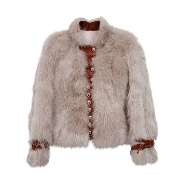 

women white brown faux fur jacket outwear button warm thick solid leather patchwork c0454 210514, Black