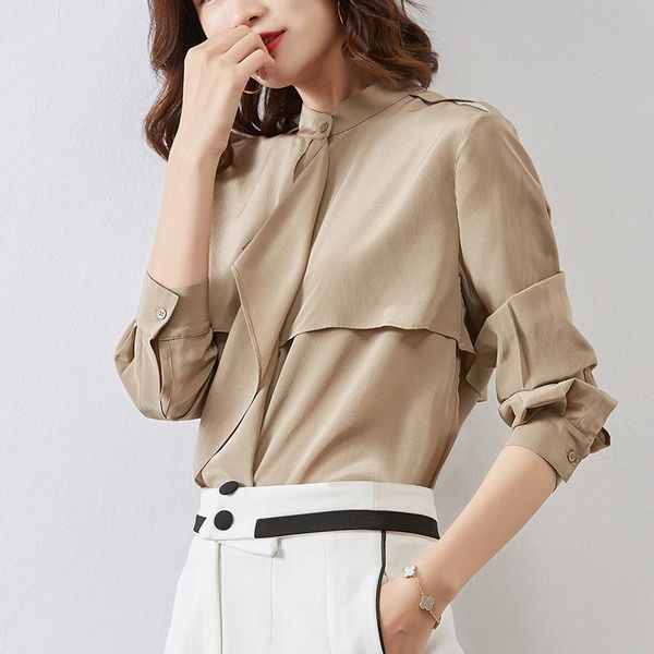 

women's blouses & shirts shirt 100% women silk summer long sleeve blouse office womens and ruffle 2021 2222 kj5500, White