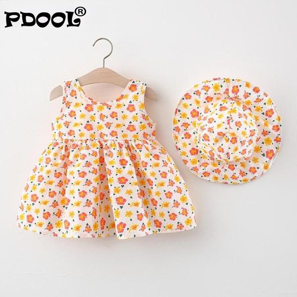 

girl's dresses 2piece summer baby princess dress cute korean beach flowers kids dresses+sunhat born clothes little girls clothing set, Red;yellow