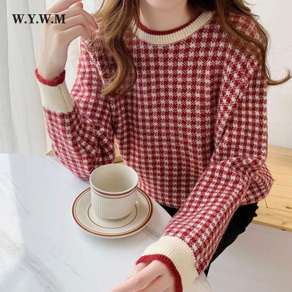 

women's sweaters wywm classic o-neck plaid knitted sweater women korean loose vintage pullover 2021 fall winter long sleeve female clot, White;black