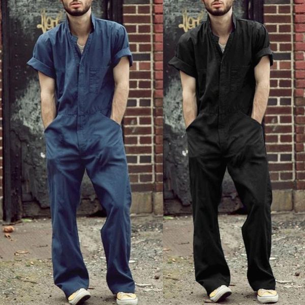 

men's pants male jumpsuit men short sleeve basic work coverall loose cargo overalls solid color casual joggers street wear, Black