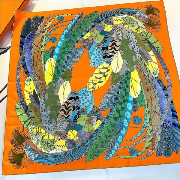 

scarves foulard satin edge scarf designer head authentic silk women hand sewn edges bandana"plumes en fete", Blue;gray