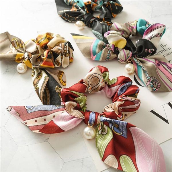 

bow streamers hair ring big bowknot scrunchies with pearl print flower ties horsetail headwear accessories1