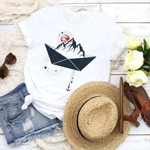 

graphic boat mountain printed 90s womens fashion horror skull tees print t shirt clothing female, White