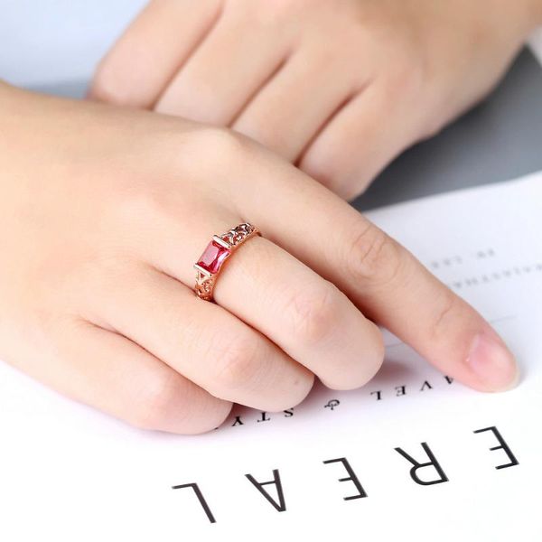 

wedding rings temperament rose gold exquisite ring rectangular red transparent crystal zircon female party jewelry accessories, Slivery;golden