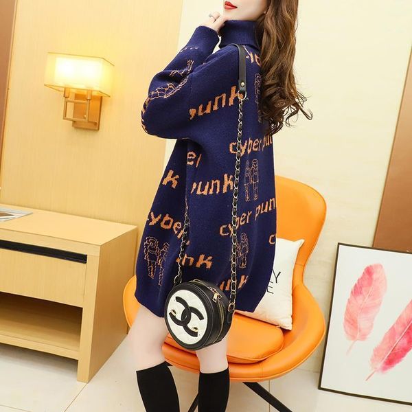 

tees no plush sweater women's middle and long style 2021 autumn / winter new korean loose large thick high neck knitting, White