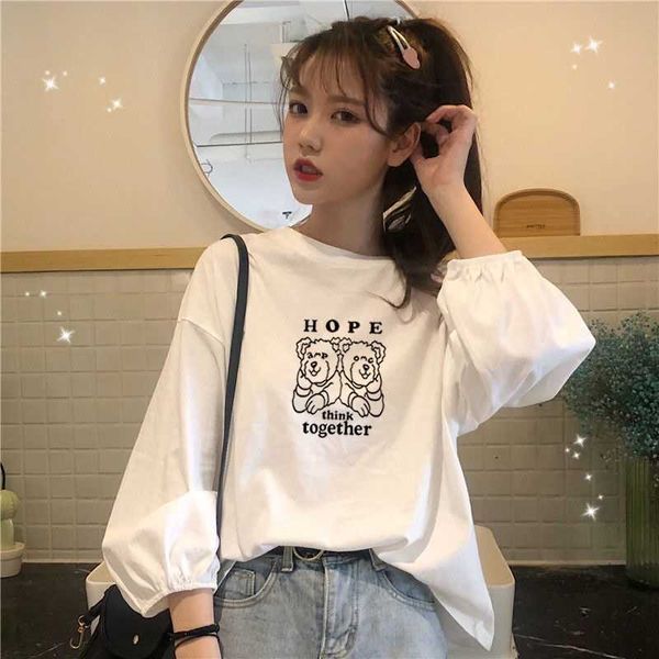 

sleeve new long t-shirt for women autumn korean college style lantern bubble student women's fashion, White