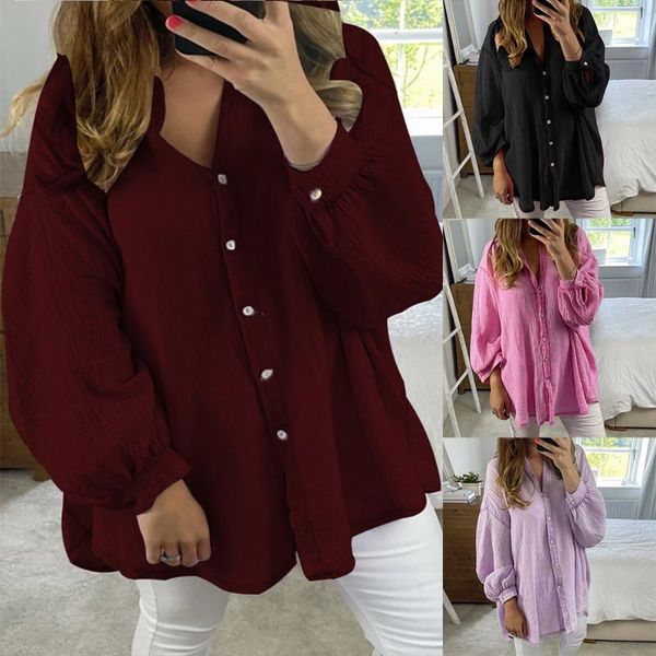 

women's t-shirt loose for women button shirt long sleeve solid color casual tee autumn spring fashion, White