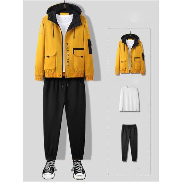 

men's tracksuits three piece mens set spring autumn fashion print hood men jacket solid t-shirt and pants sport hoodie male sets clothe, Gray