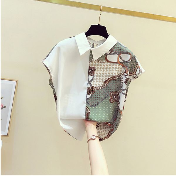 

women turn down collar print shirt summer chiffon blouse short sleeve shirts office ladies blouuse blusas a3242 210428, White