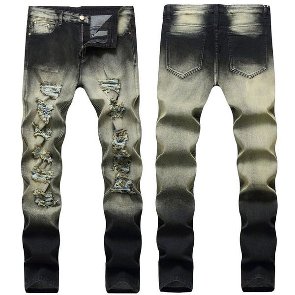 

men's pants jeans holes slim fit hophop with fashion retro high street quality washed leggings dark style, Black