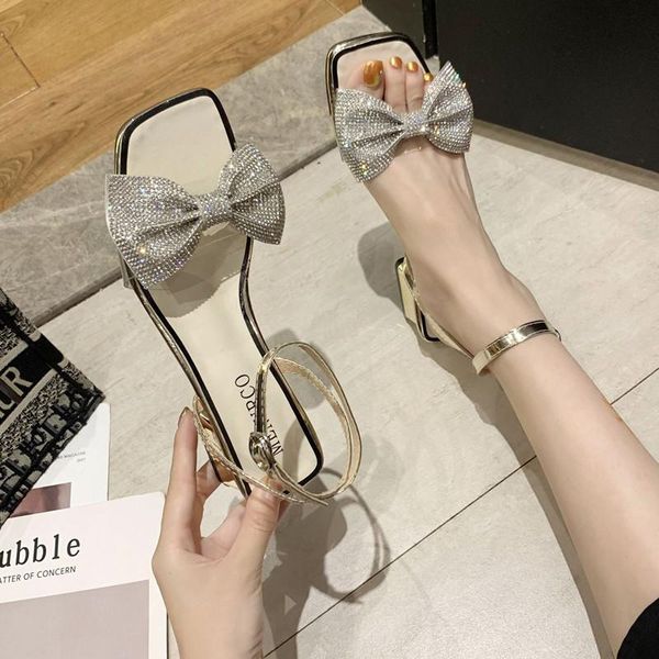 

sandals women rhinestone bowknot thick heel slippers slides elegant fish mouth high heels female luxury summer casual shoes dress, Black