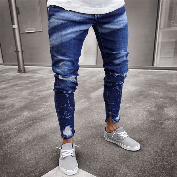 

mens fashion high street ripped jeans pants streetwear painted distressed denim trousers ankle zipper washed pants, Blue