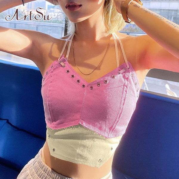 

women's tanks & camis halter neck crop femme y2k clothes patchwork tie up backess women 2021 summer pink vest cute sexy, White