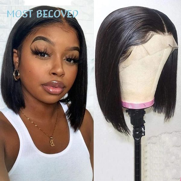 

lace wigs blunt cut bob wig brazilian straight front human hair short for women remy 4x4x1 closure, Black;brown