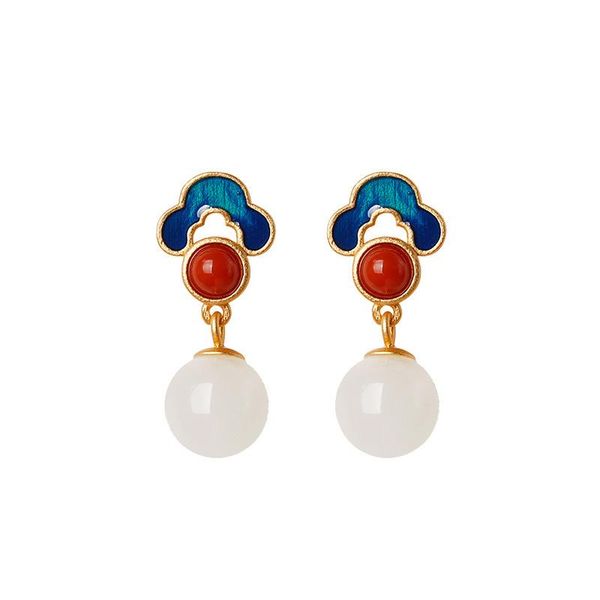 

stud 925 sterling silver pin original design of products gold plated natural hetian jade enamel auspicious cloud earrings, Golden;silver