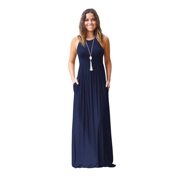 

casual dresses female plus sleeveless solid size maxi 2022 women summer o neck dress beach pocket femme long, Black;gray