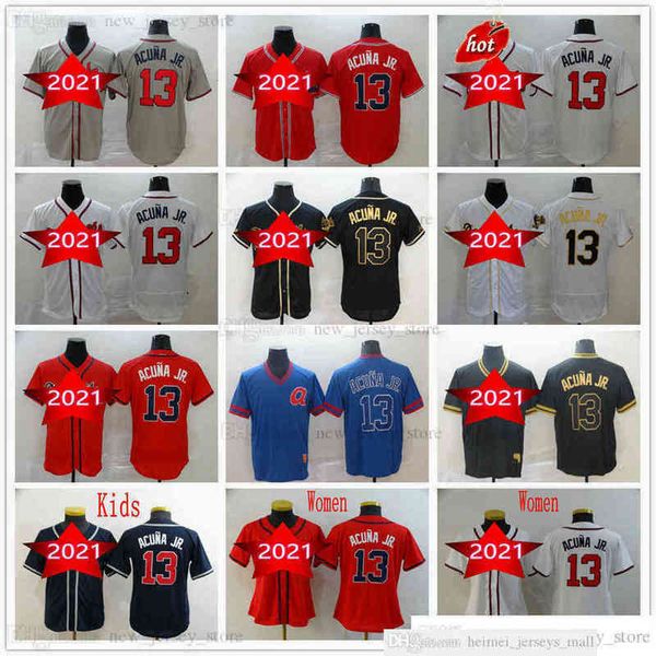 

2022-22 Man Women Youth Kids Baseball 13 Ronald Acuna Jr. Jerseys Grey Black Gold White Red Dark Blue Jersey Size S-XXXL, Man size s-xxxl