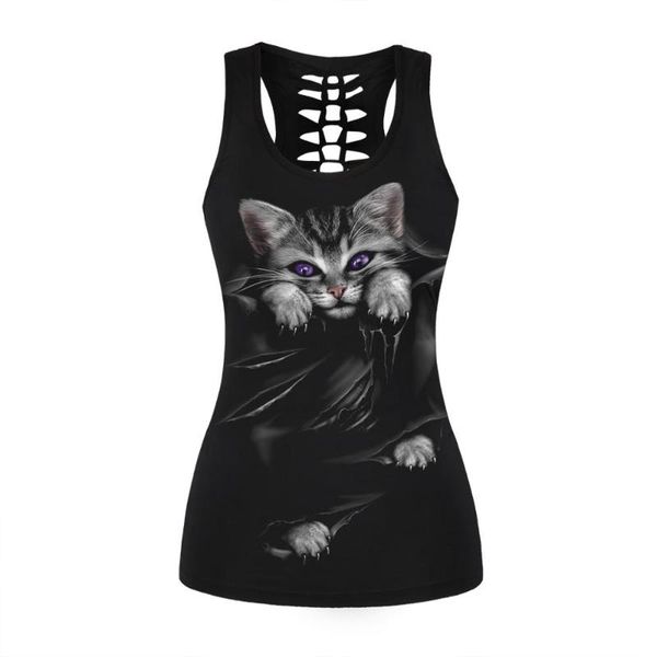 

women's tanks & camis 2021 summer women cat 3d digital printing vest hollow vest., White