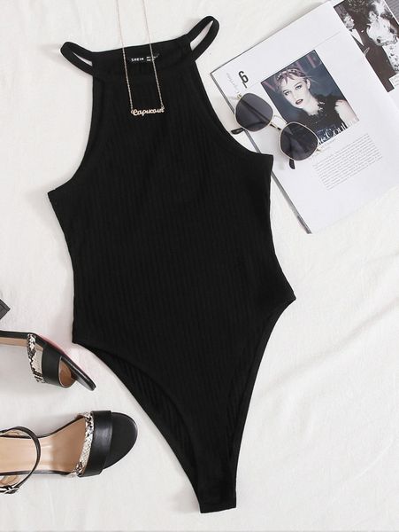 

plus halter neck rib knit bodysuit d2ak#, Black