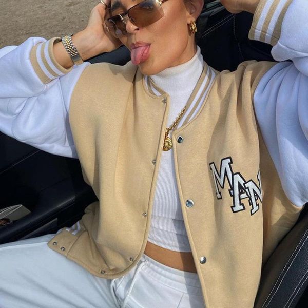 

women's jackets baseball women bomber jacket single breasted stand collar letter embroidery loose autumn brown for 2021, Black;brown