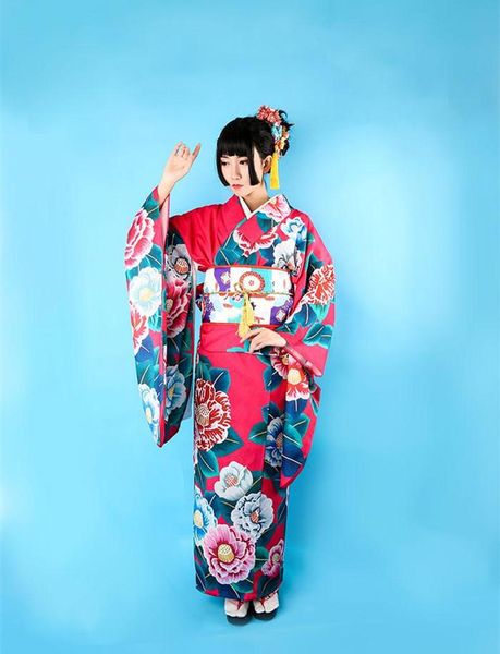 

japanese women kimono yukata with obi classic print flower cosplay costumes geisha nightclub cos stage costume ethnic clot, Red