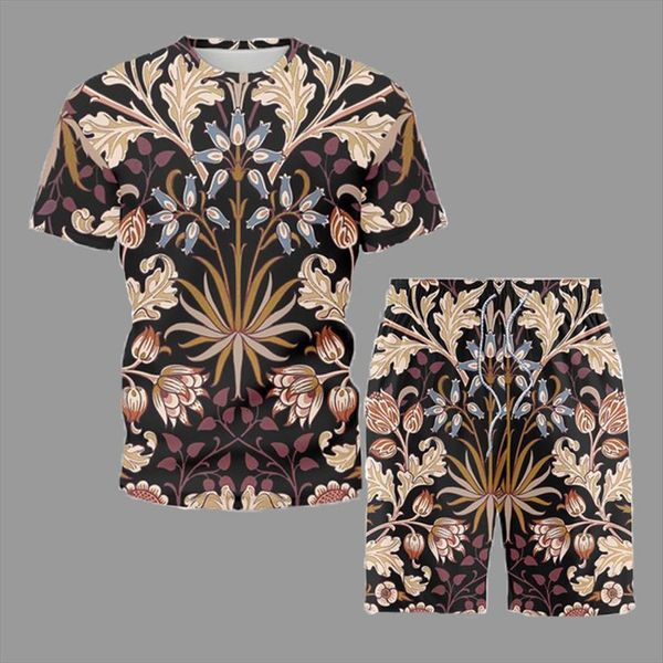 

retro ethnic element printed mens tracksuit short sleeve shorts sets summer fashion t shirt two piece set trendy casual clothes, Gray