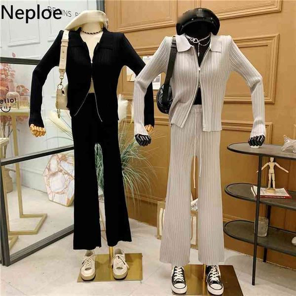 

neploe vintage casual suit women turn-down collar zipper cardigan high waist wide leg pants knitted 2 piece sets femme roupas 210422, White