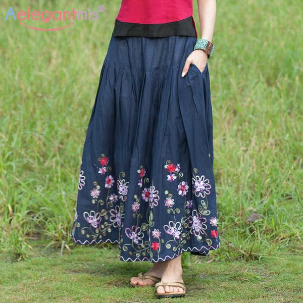 

aelegantmis handmade embroidery chinese style women long skirt high waist big hem plus size beach streetwear casual s 210607, Black