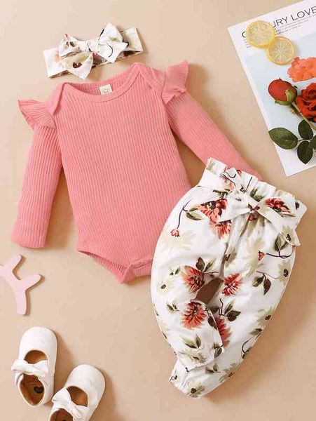 

baby ruffle bodysuit & floral paperbag pants & headband she, Blue