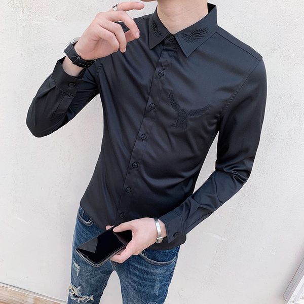 

t shirts spring embroidered dressed in men's clothes 2021 long plain sleeve all the fine casual setting club tuxedo blouse homme 3xl-m, White;black