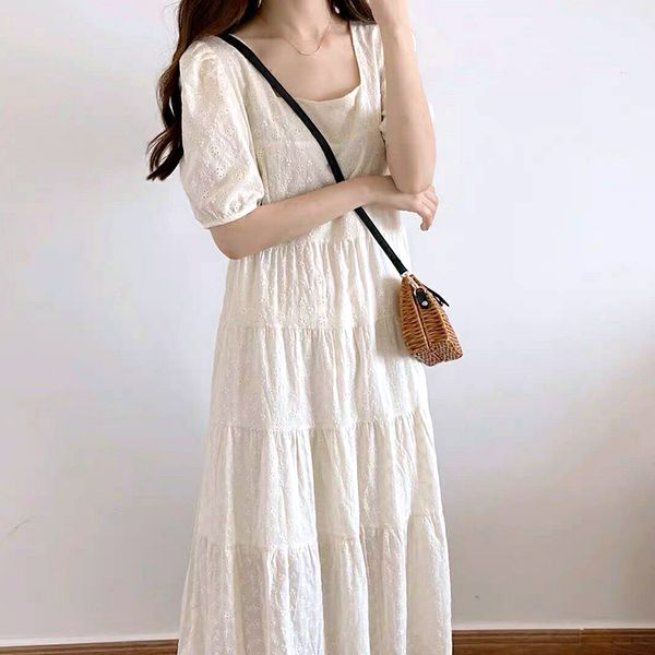 

woman dress white casual short sleeve hook flower hollow clothing france style chic high waist fashion dresses mid-calf, Black;gray
