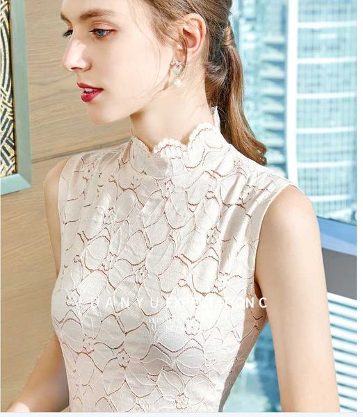 

women's t-shirt half turtleneck lace bottoming shirt 2021 korean version of perspective western style hollow sleeveless camisole, White
