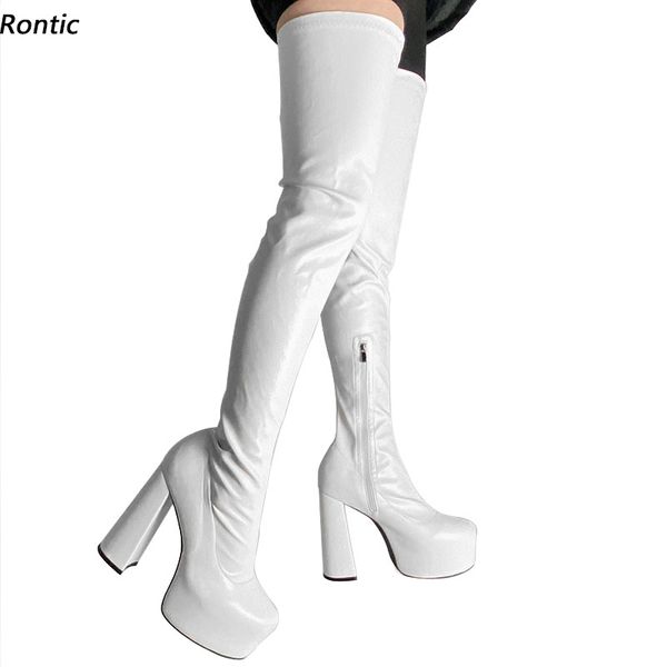 Rontic Personalização individual Mulheres Primavera Estiramento Botas Botas Chunky Saltos Redondos Rodada Elegante Branco Cosplay Sapatos Tamanho 5-15