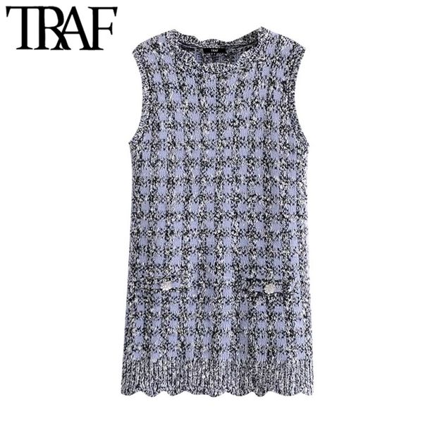 

women sweet fashion bejewelled buttons plaid knitted mini dress vintage o neck sleeveless female dresses mujer 210507, Black;gray