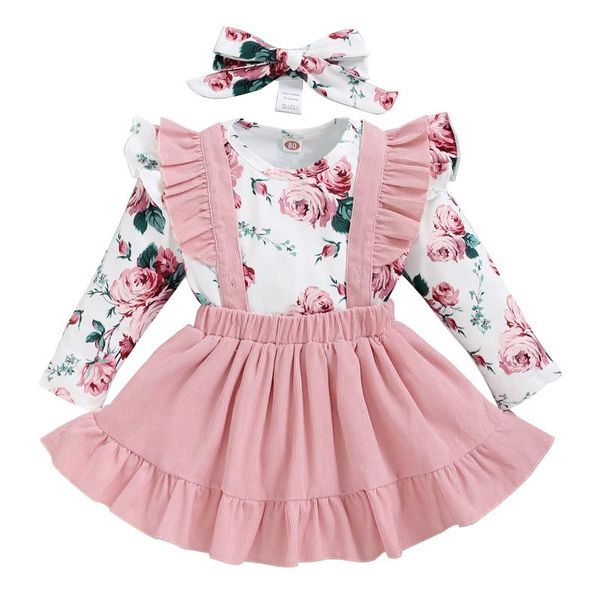 

clothing sets infant baby girls casual three-piece clothes set, long sleeve romper, suspender skirt and headdress 0-3y, White