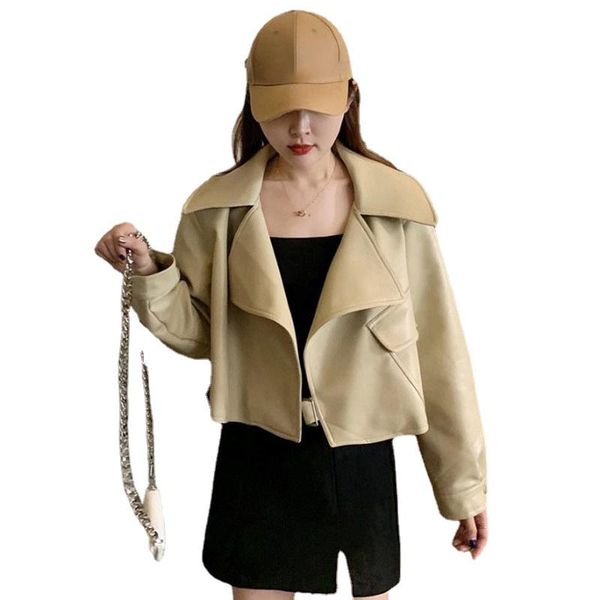 

women's leather & faux 2021 autumn/winter ladies long sleeve jacket loose design thin biker chic top, Black