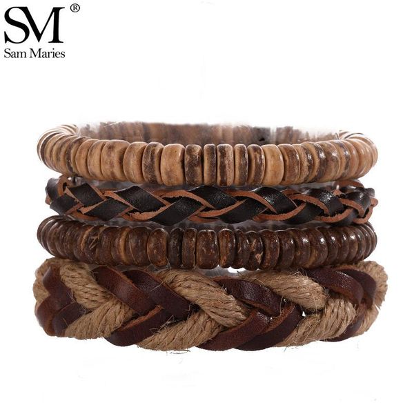 

tennis 4pcs vintage braided rope multilayer leather bracelets set handmade wood beads wrap bangles for men boys gift, Golden;silver