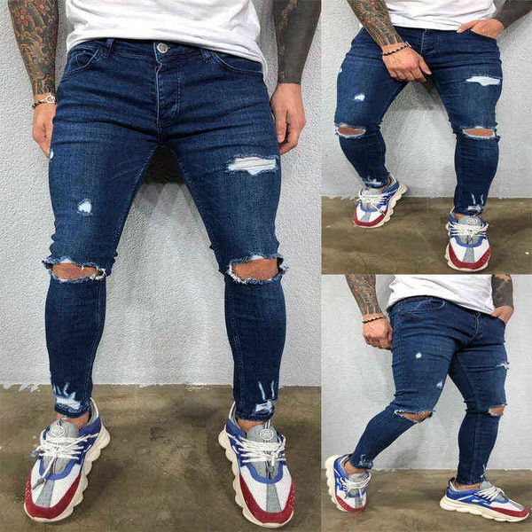 

men's jeans 2021 men's pierced leg tear jeans elastic, Blue