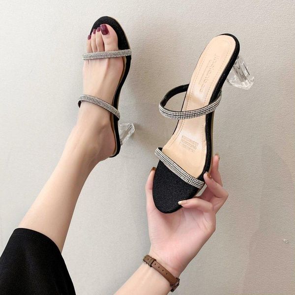 

slippers shoes women ladies' med luxury slides pantofle jelly flip flops heeled mules soft designer 2021 glitter high summer sc, Black