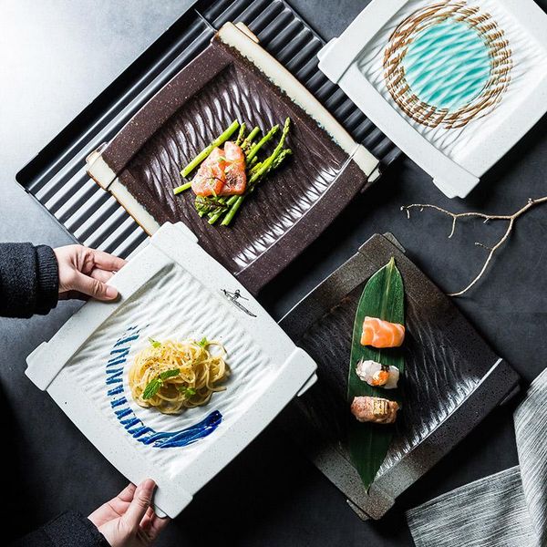 

dishes & plates japanese-style high-end steak square plate, ceramic western plate dinner diner black sushi