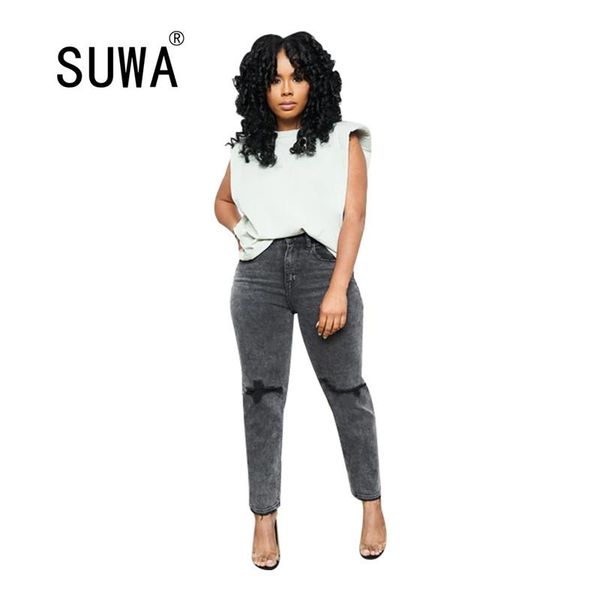 

women's pants & capris 2021 product high street fashion vintage denim pencil women waist trousers classic hole skinny work ladies jeans, Black;white