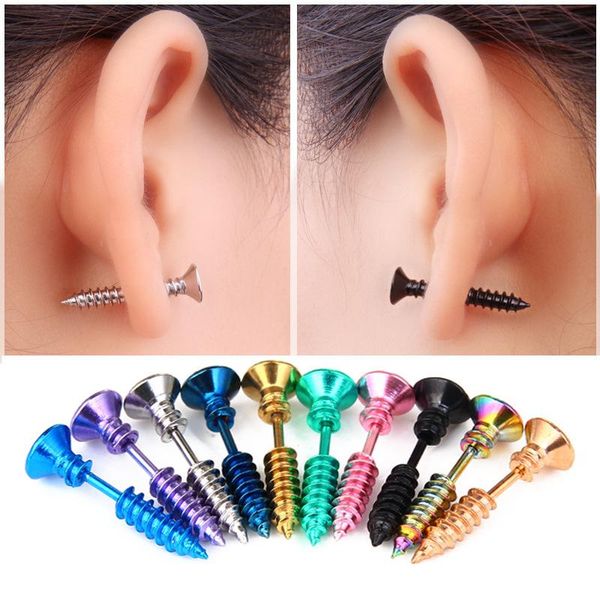 

stud punk style stainless steel screw shape earrings for men women ear jewelry rock gothic piercing earring fashion gift, Golden;silver