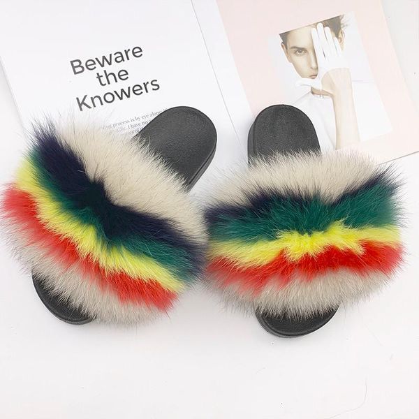 

summer women's fur slippers ladies real slides female indoor flip flops sandals girl's cute fluffy, Black